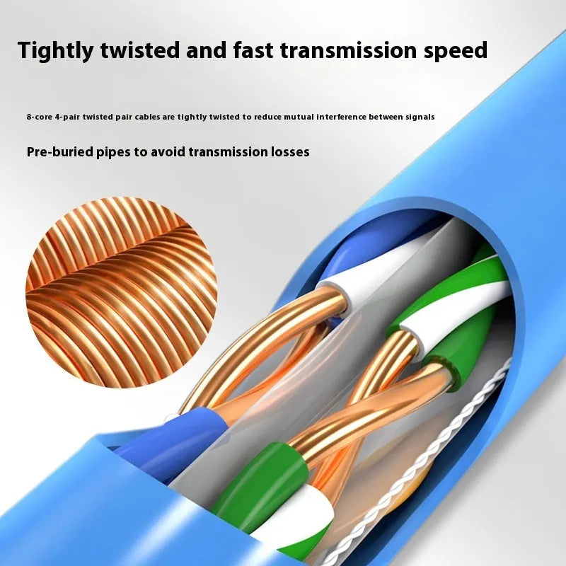 A 305-metre reel of blue Category 6 network cable with oxygen-free copper core, with cable end showing twisted pairs.