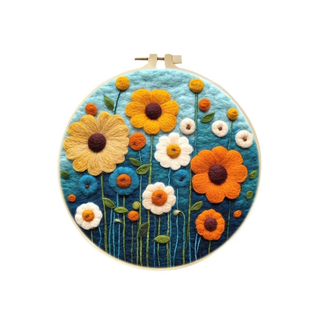 Round linen fabric embroidery kit with wool felt pieces for making a three-dimensional floral blanket painting, includes a free frame.