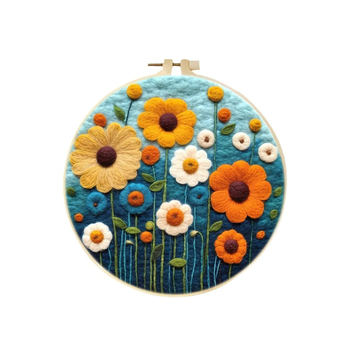 Round linen fabric embroidery kit with wool felt pieces for making a three-dimensional floral blanket painting, includes a free frame.