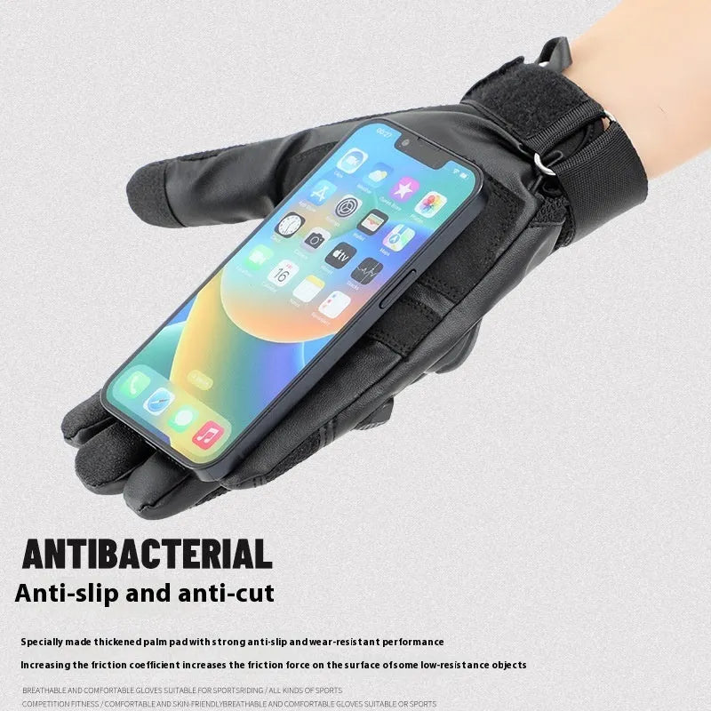 Men's black tactical full finger gloves with touch screen fingertips on a hand
