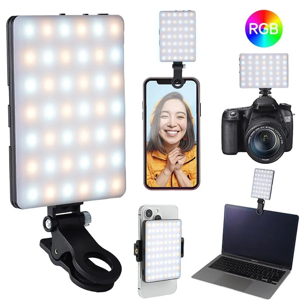 Pocket-sized handheld LED fill light with clip, shown next to a mobile phone for scale.