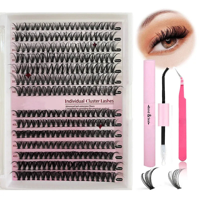 DIY cluster false eyelashes mixed package showing 30D and 40D density lashes with tweezers