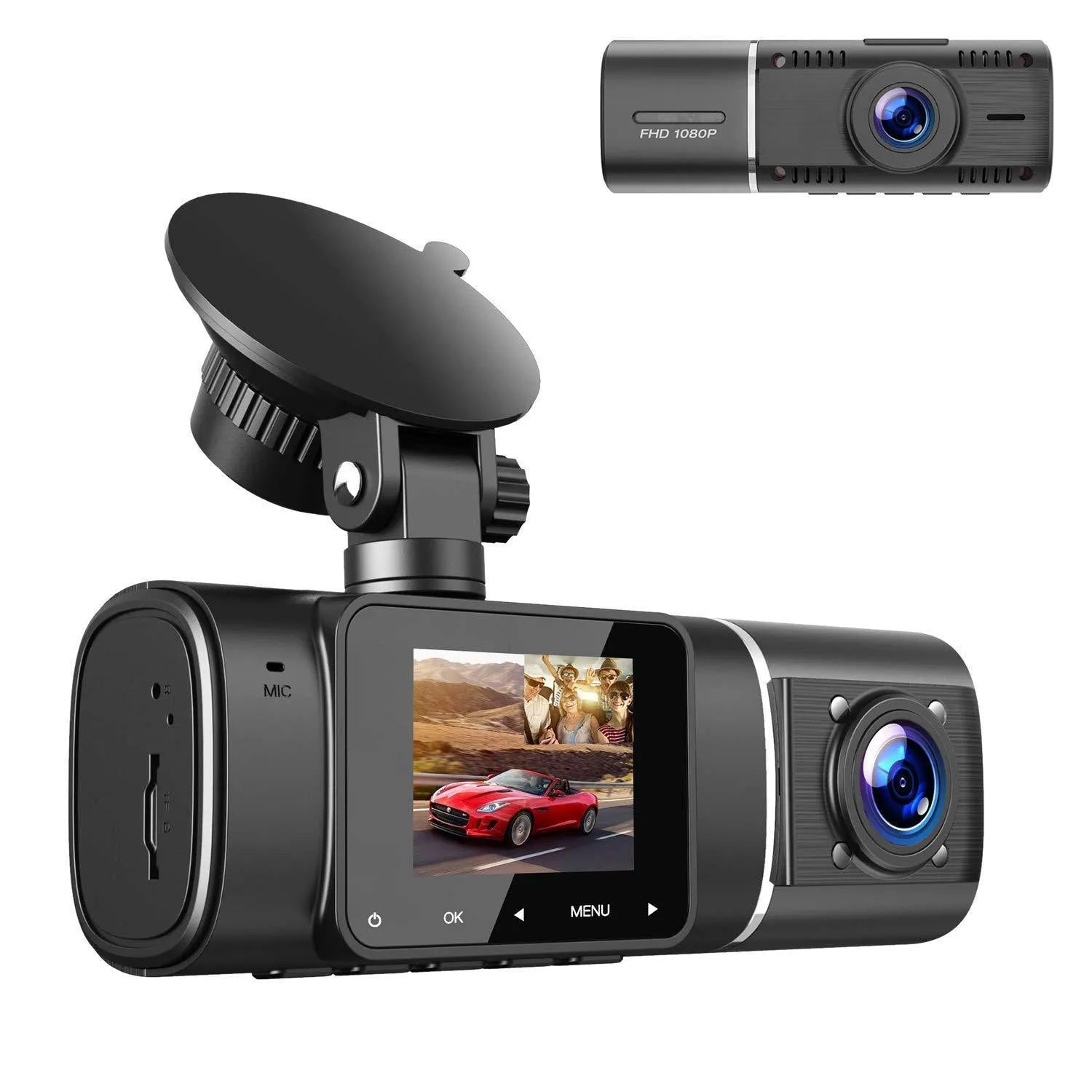 Standard black 1080p dash cam with 1.5-inch screen shown with car charger and mounting stand.