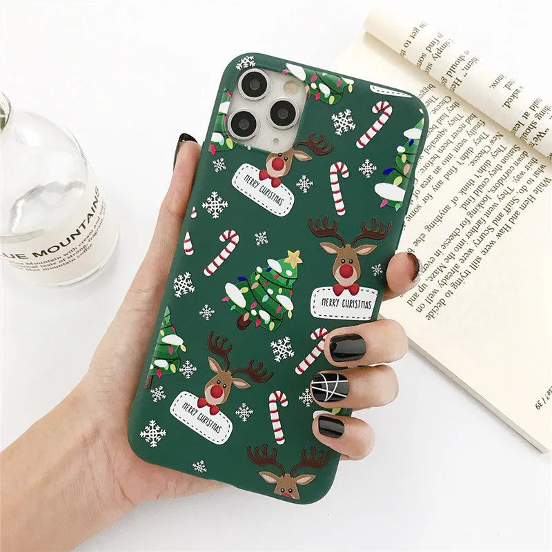 Green Christmas elk TPU phone case with cartoon design and stripe pattern for iPhone models