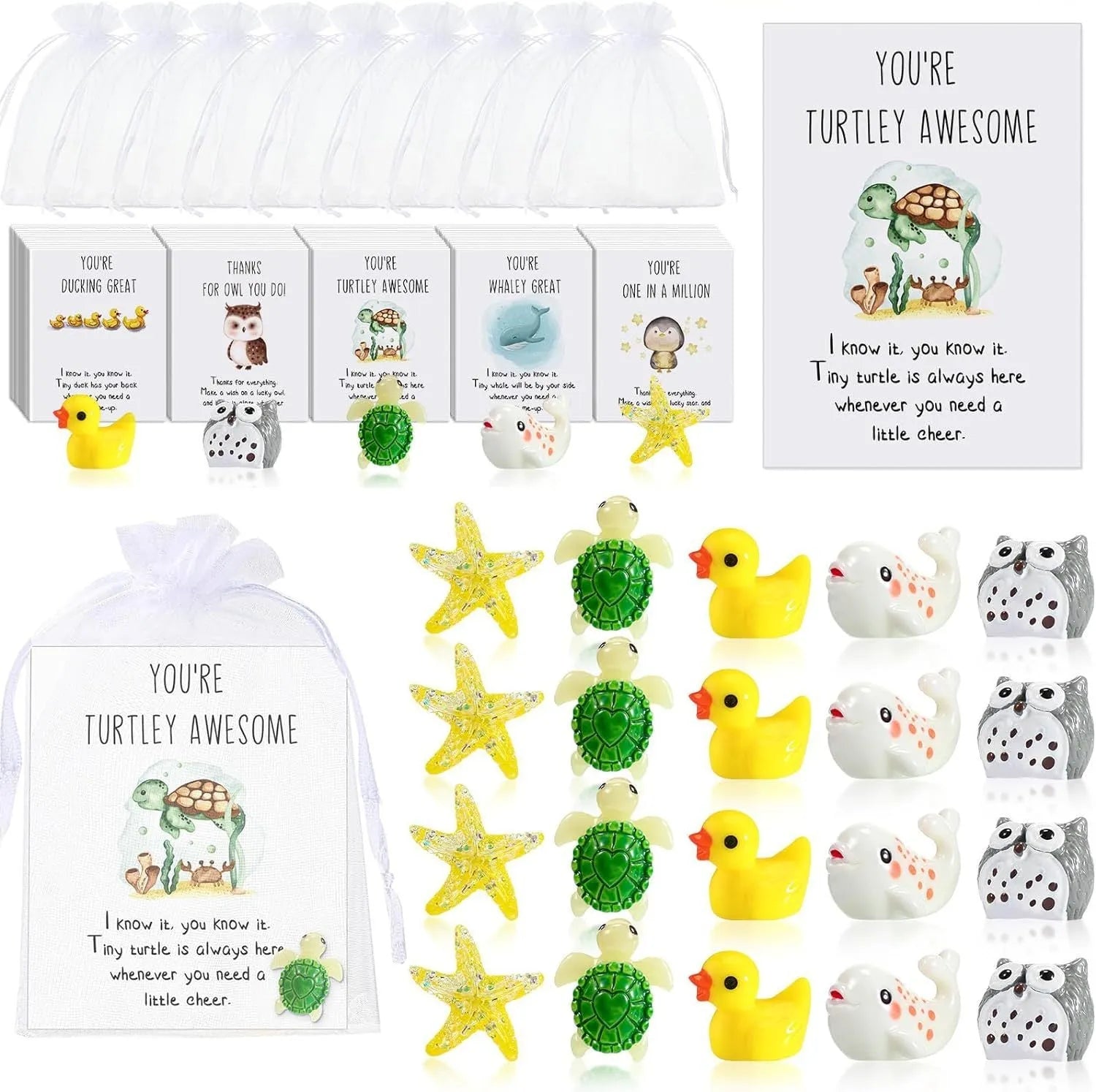 Set of resin pun inspiration greeting cards showing various designs for office gifts and pocket tokens