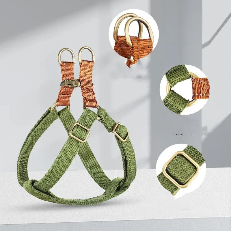 Brown vest-style dog leash with cotton belt and alloy fastener
