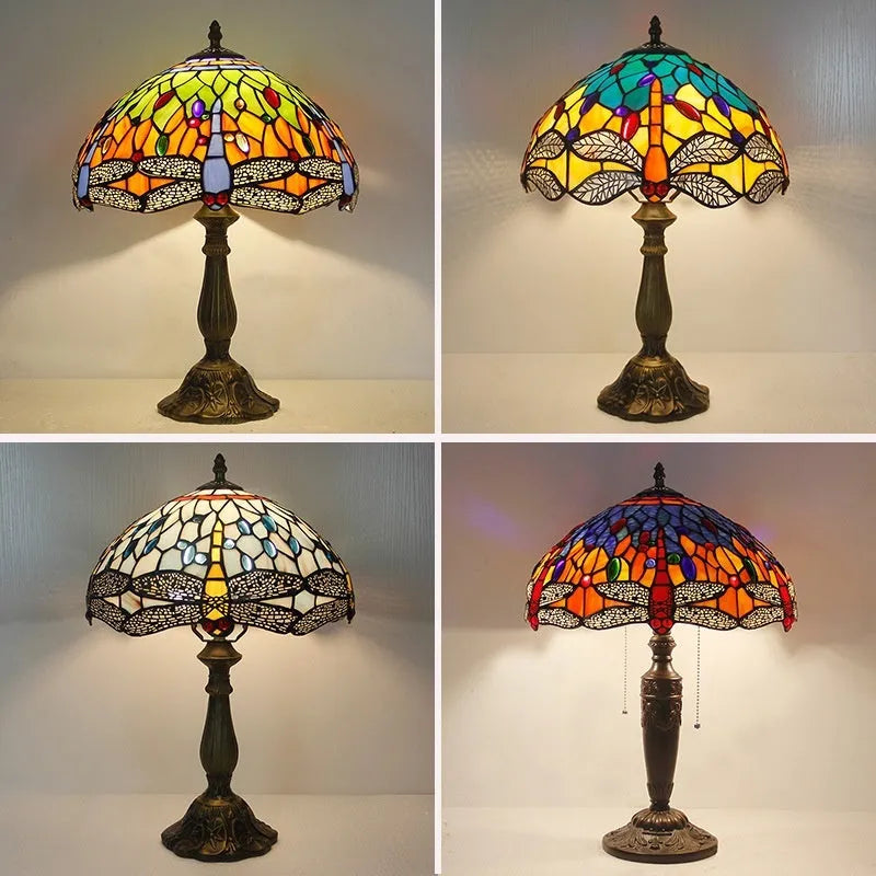 Stone table lamp with Tiffany dragonfly design in European retro style