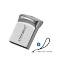Silver metal USB flash drive on a black chain necklace for wearable data storage.