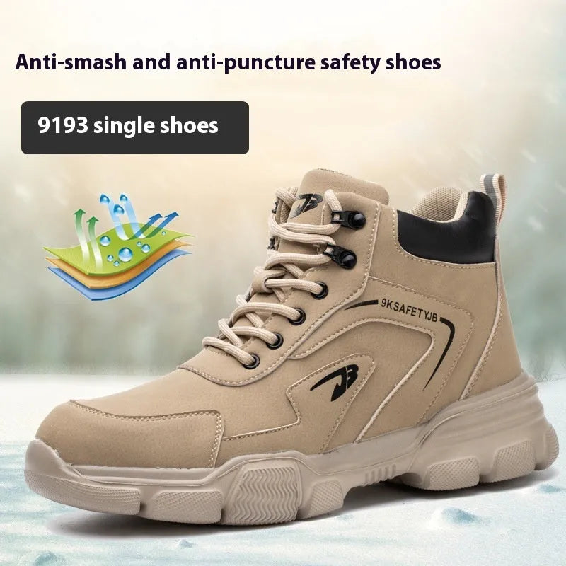 Brown labour protection shoes with leather upper and rubber sole for workplace safety