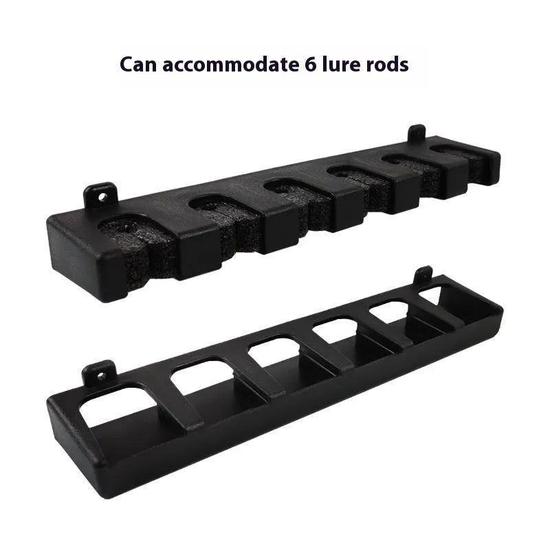 Black ABS plastic wall-mounted fishing rod holder rack in horizontal and upright style options