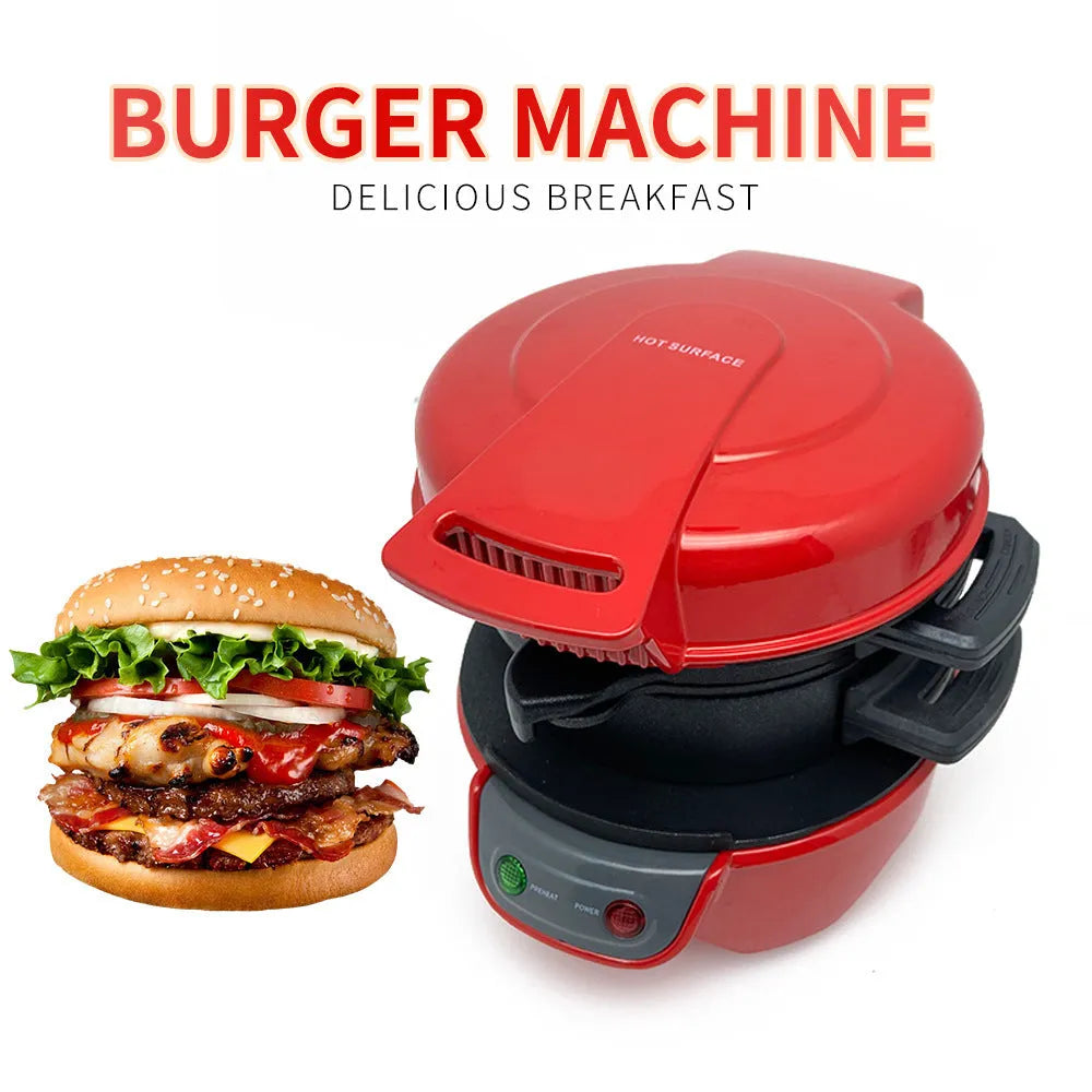 Bright red breakfast machine sandwich maker with egg cooker ring and mechanical controls