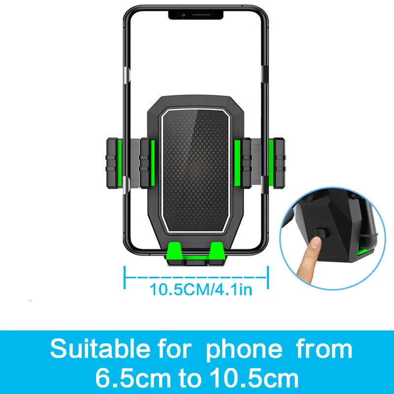 Green car seat holder supporting a kettle and a mobile phone on a grey interior.