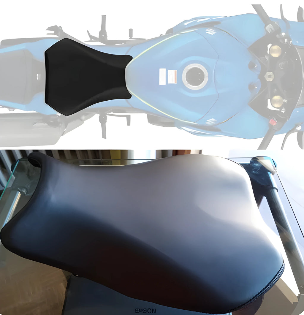 Suzuki GSXR1000 motorcycle with black PU leather front and rear seat covers installed.