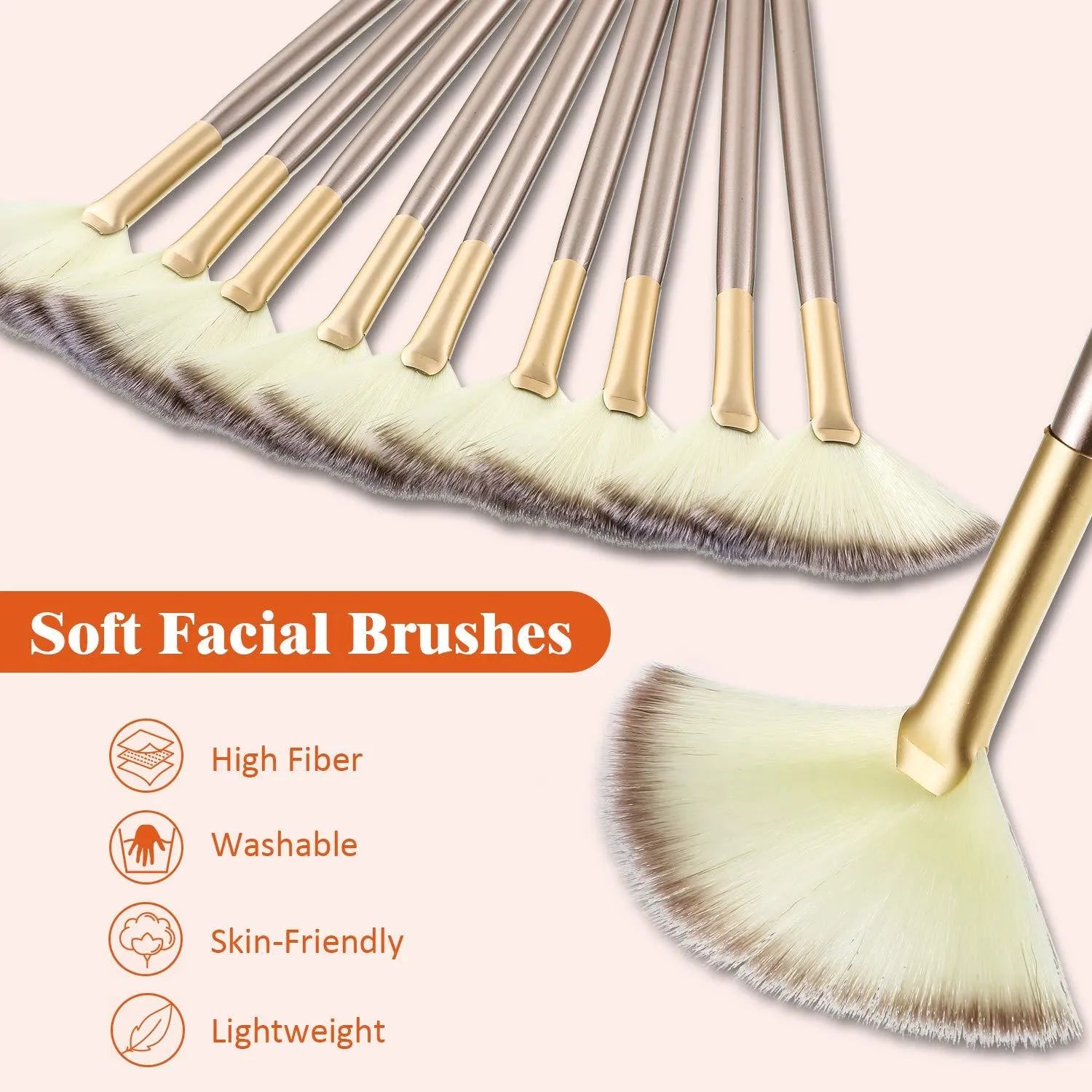 10 professional facial fan brushes with champagne finish and protective covers