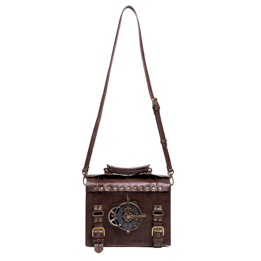 Bronze steampunk industrial retro shoulder bag with horizontal square pillow design and metal accents