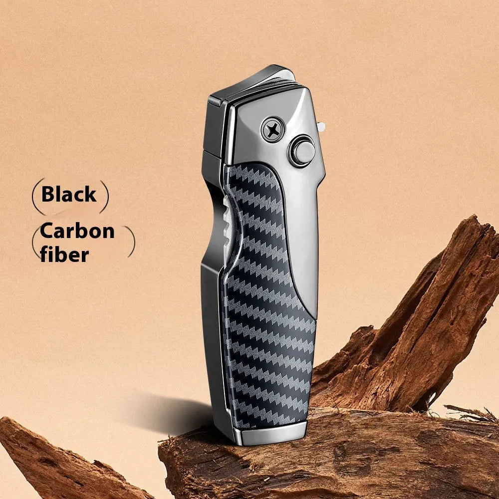 Metal folding knife lighter in zinc alloy with safety lock and one-click unfolding mechanism
