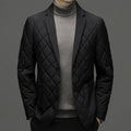 Men's black down jacket with cardigan lapel and side seam pockets