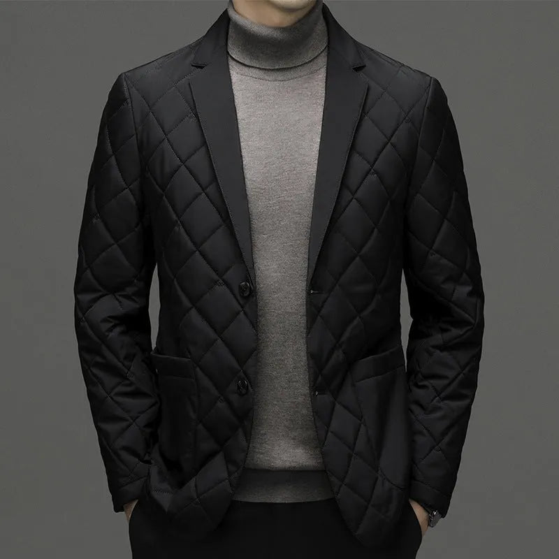 Men's black down jacket with cardigan lapel and side seam pockets