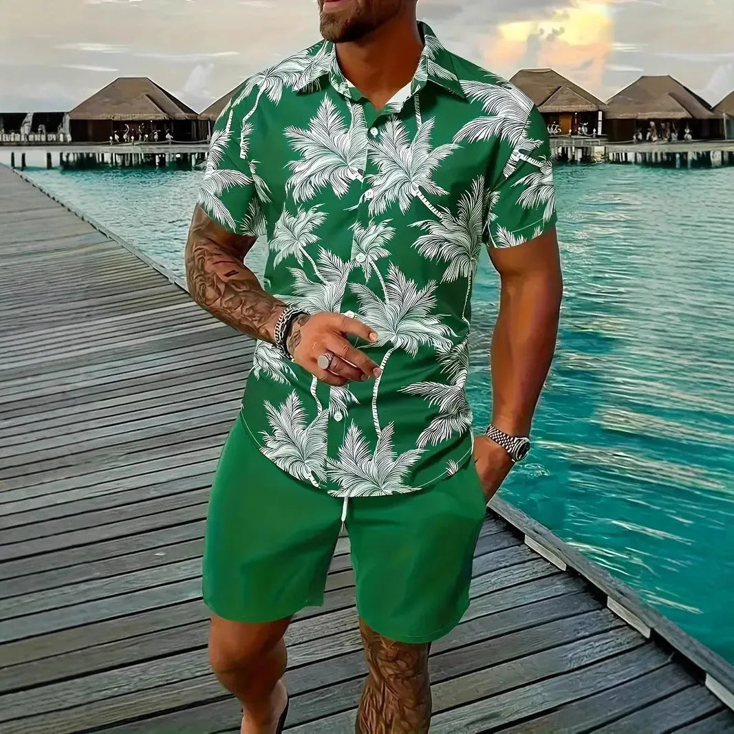 Men's 3D printed Hawaiian pattern short sleeve shirt and matching shorts casual suit set.