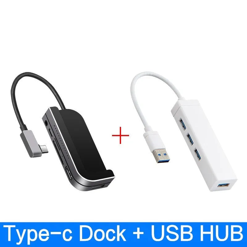 Silver aluminium grey USB-C docking station and multi-port converter for iPad Pro models.