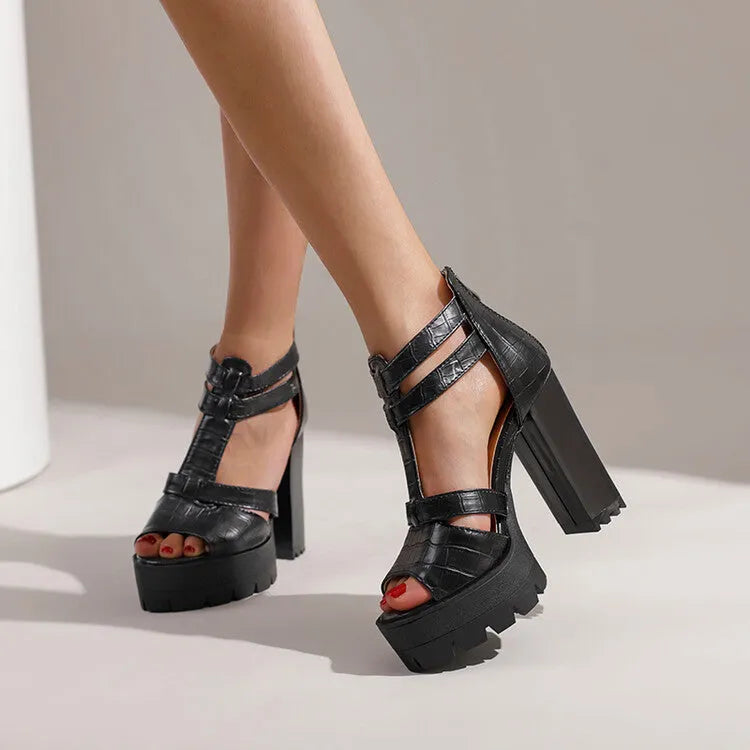 Platform high heel sandals with back zipper in black, wine red, and yellow colours.
