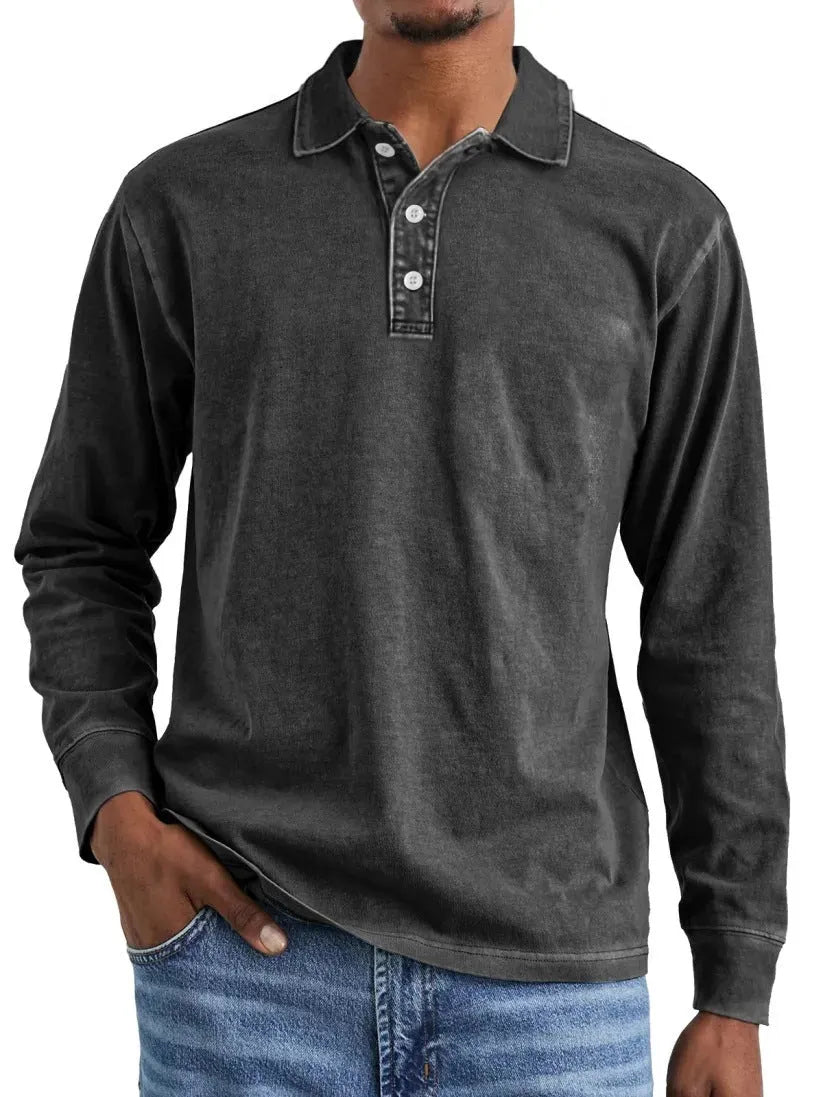 Men's retro washed pure cotton long sleeve polo shirt with a lapel collar in Army Green.