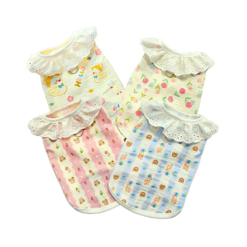 Pets all-cotton yarn breathable thin dog cat clothing in flower bud rabbit pattern on white background