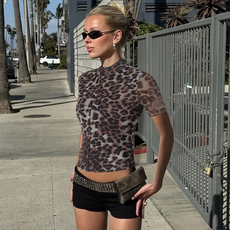 Women's slim-fit short-sleeved leopard print polyester pullover top on model