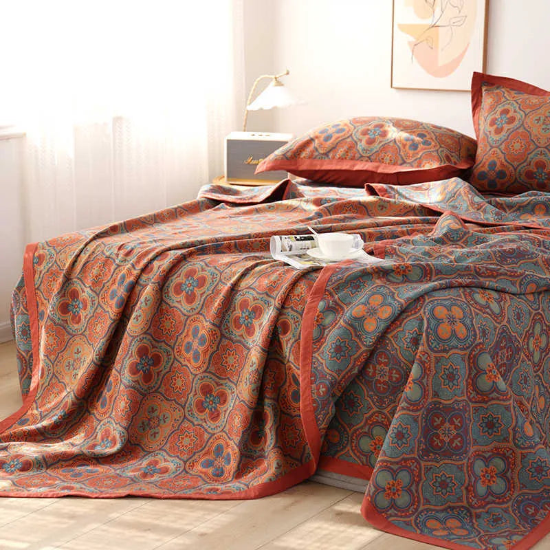 Cotton gauze bed blanket set with plant and flower pattern including blanket and two pillowcases