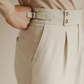 Men's slim fit straight leg suit trousers in apricot, black, or white for business formal wear.