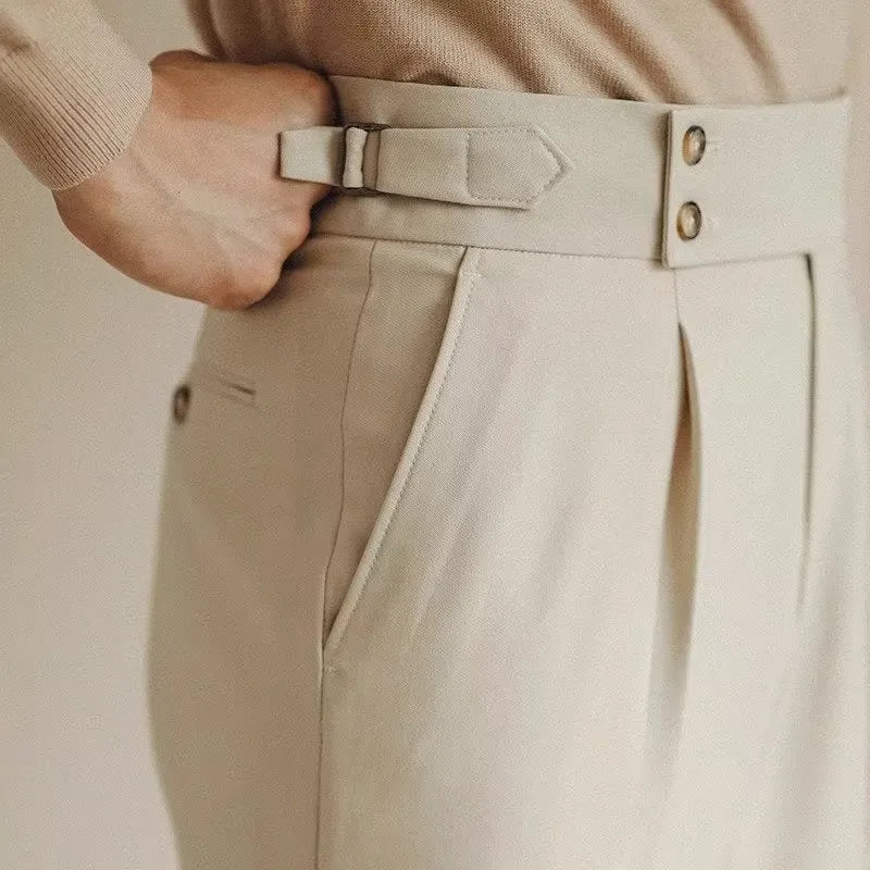 Men's slim fit straight leg suit trousers in apricot, black, or white for business formal wear.