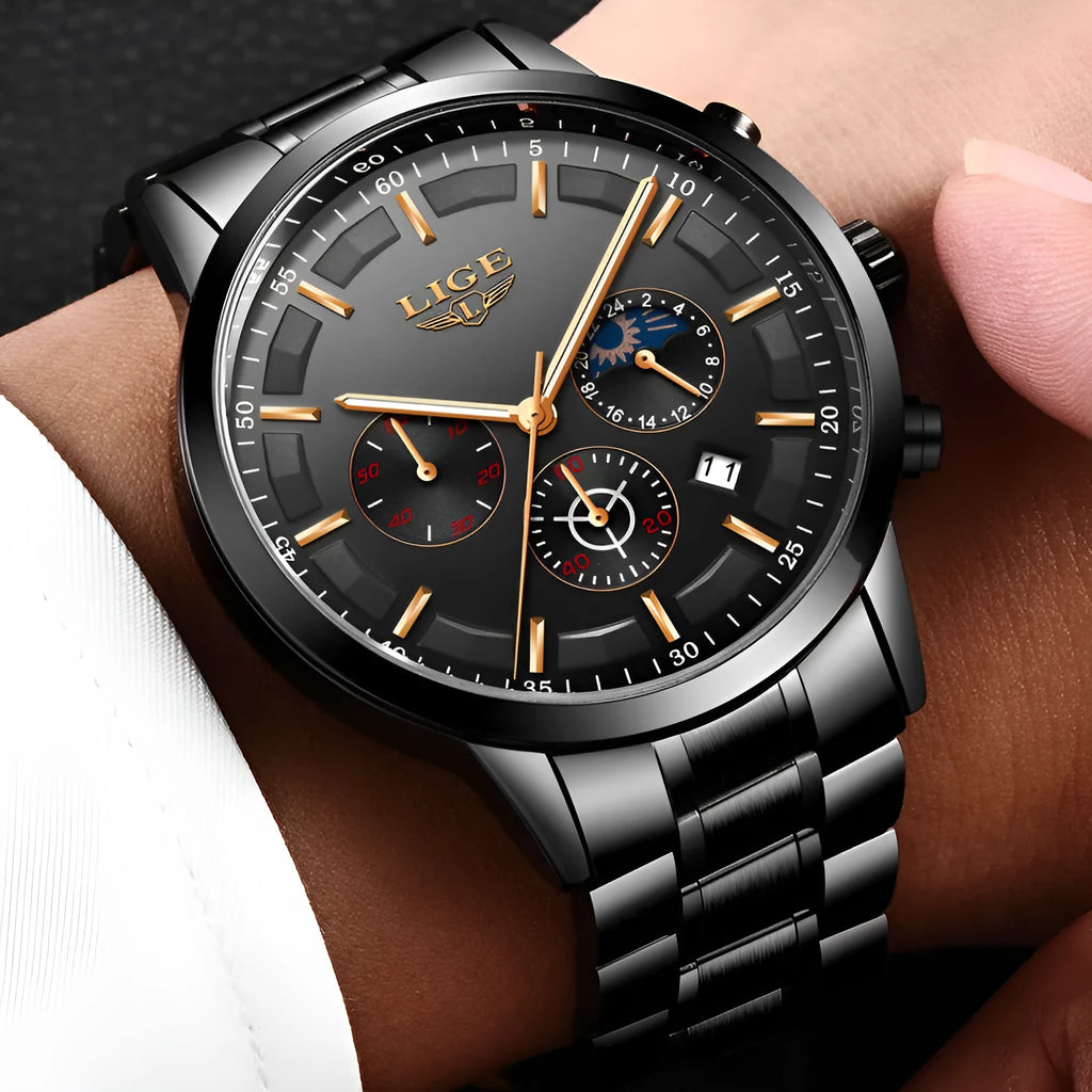 Men's waterproof quartz watch with moon phase display in black and rose gold colour option