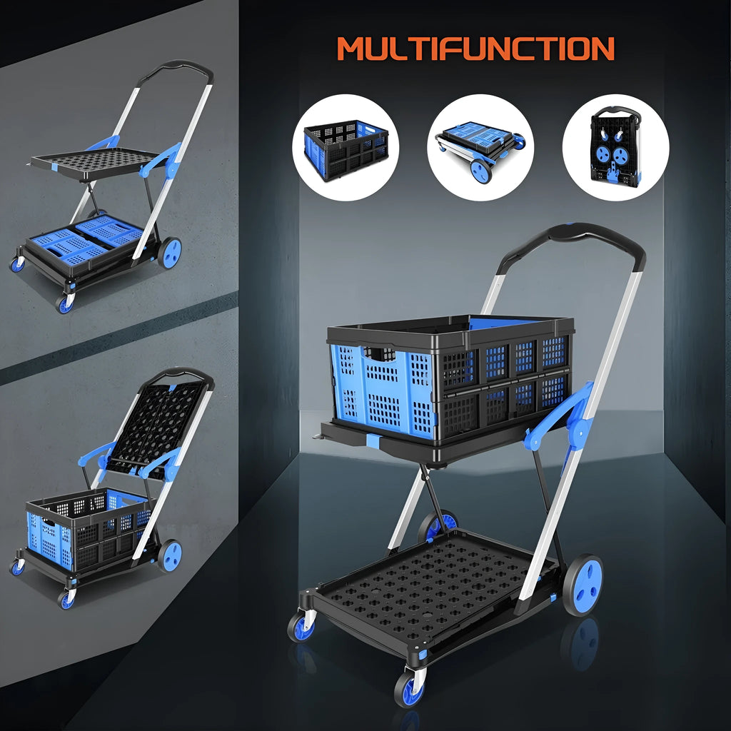 Blue foldable shopping trolley with two plastic baskets shown in an unfolded state.