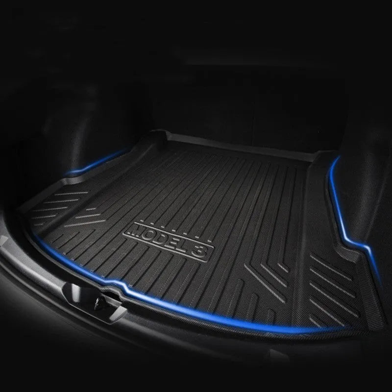 Rubber floor mats with TPE footrest designed for Tesla Model 3, Model Y, Model X, and Model S cars