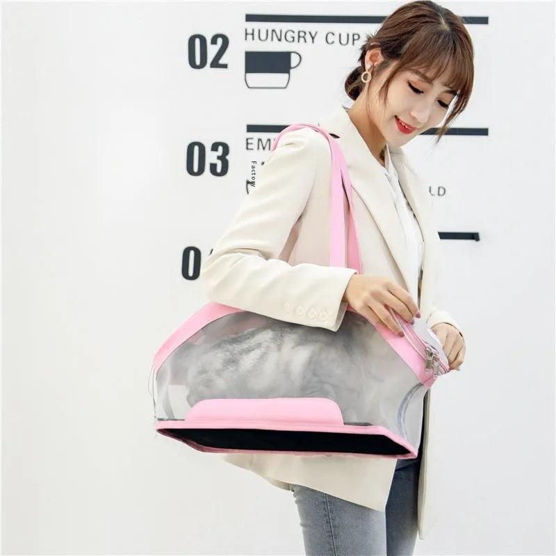 Leather cat outing carry bag with shoulder strap in beige colour