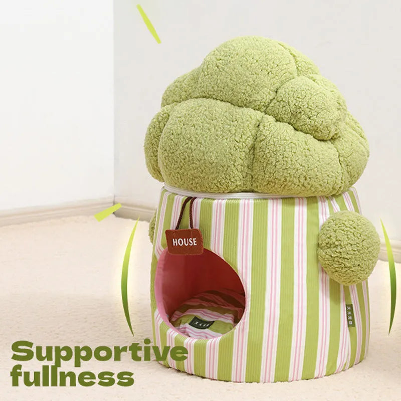 Green cauliflower-shaped enclosed pet house with a tree hole entrance and removable cushion for a small dog or cat.
