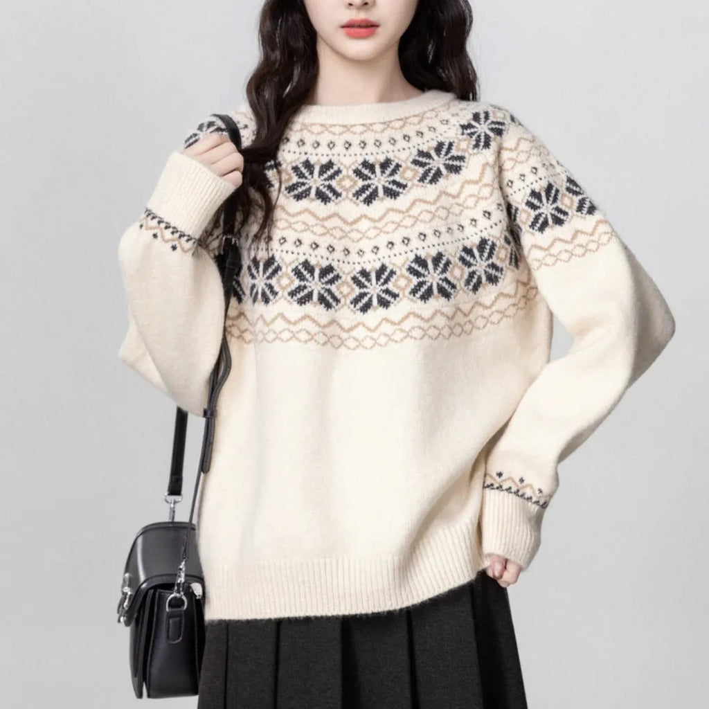 Women's milky white Fair Isle patterned knitted pullover sweater with a crew neck and long sleeves.