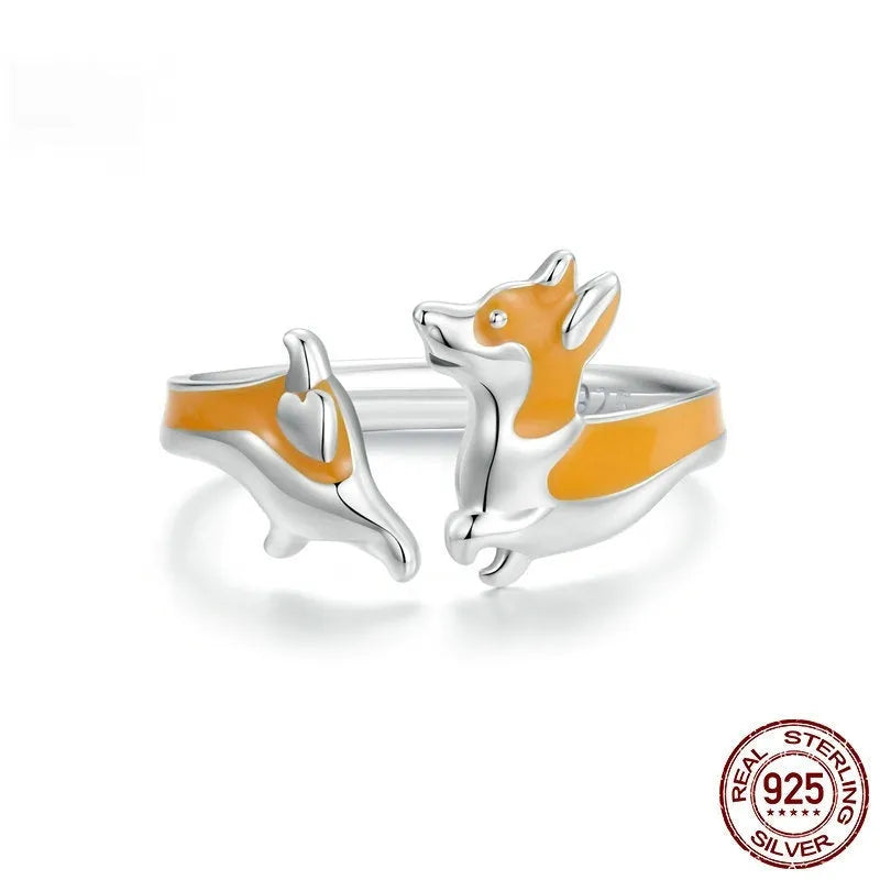 Silver cartoon corgi dog ring for women with electroplated finish.