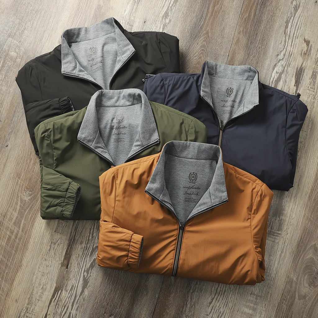 Men's stand collar casual jacket in polyester blend, available in Army Green, Black, Blue, and Orange.
