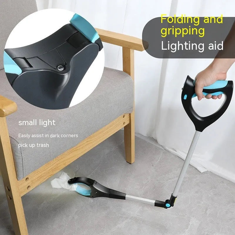Blue plastic and aluminium alloy adjustable clip for securing a rubbish bag on a bin rim.