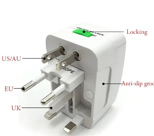 Universal multi-country travel plug adapter for mobile phone charging measuring 73x50x39mm