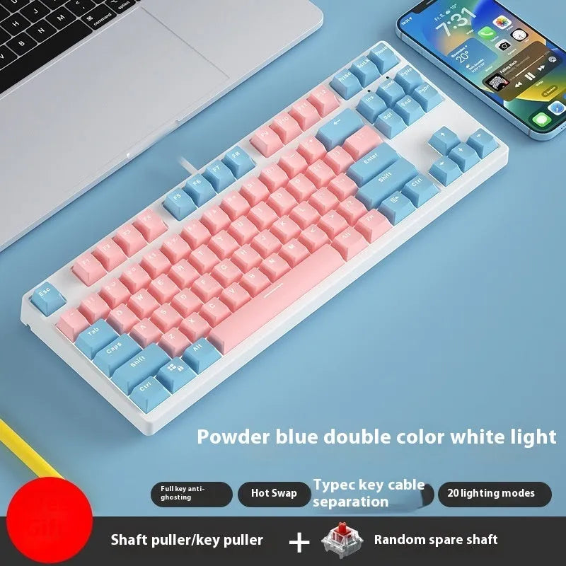 87 key wired mechanical keyboard with two-colour keycaps and metal frame, shown with key puller and switch removal tools