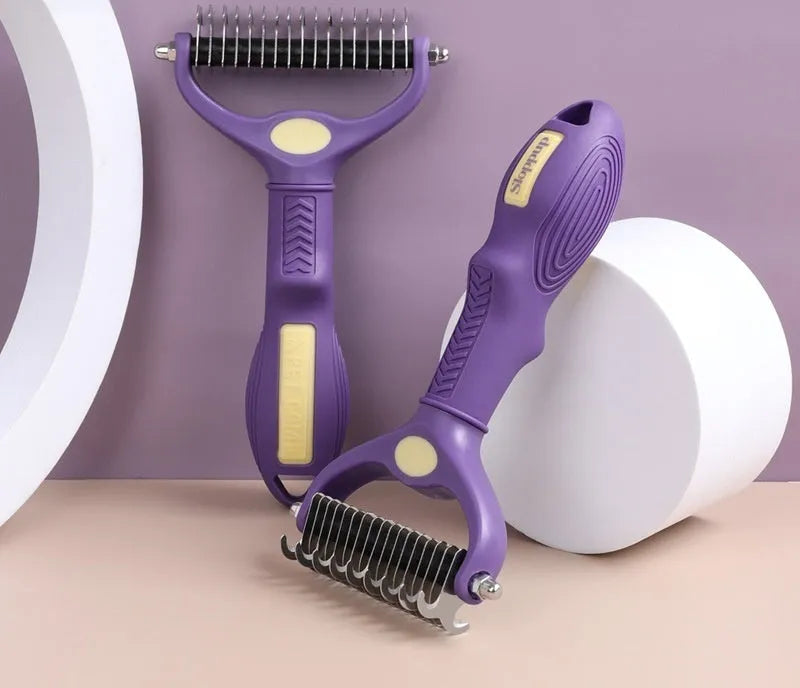 Purple double-sided plastic dog comb for untangling knots and removing loose hair.