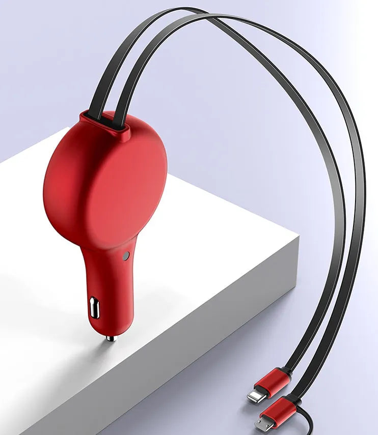 Retractable dual USB car charger with compact 58mm body and extendable cables in black colour