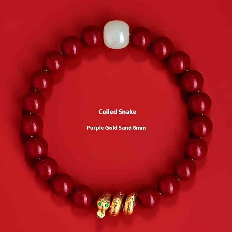 Handmade Chinese-style cinnabar bracelet with snake zodiac beads, shown in 6mm and 8mm sizes.