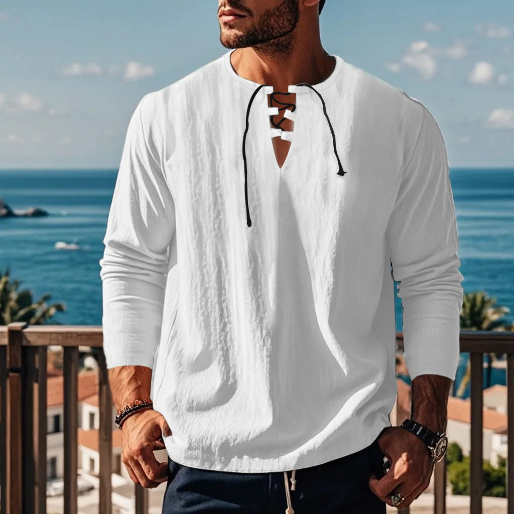 Men's solid colour cotton linen loose-fit beach shirt shown in multiple colour options.