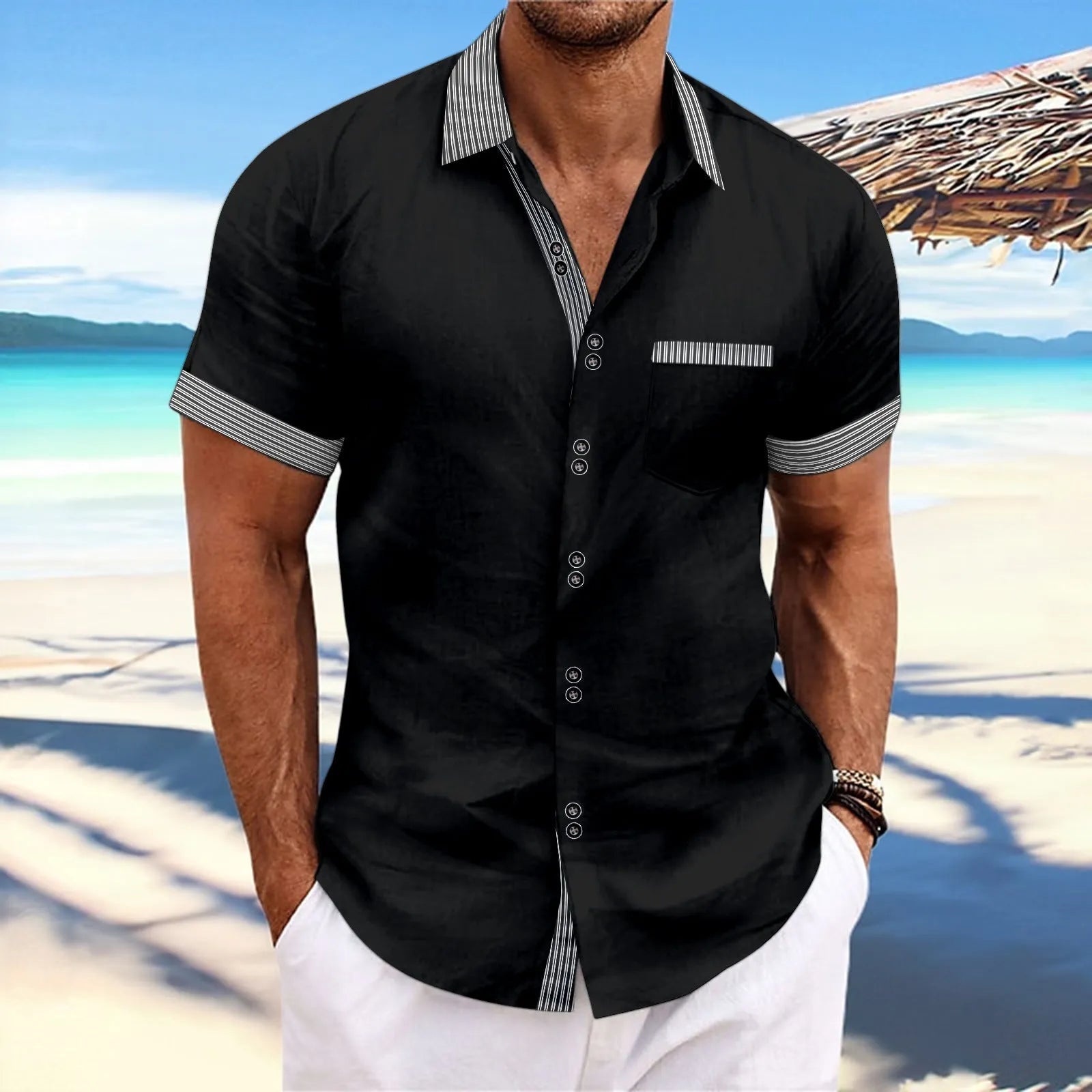Slim fit striped short sleeve casual shirt in pure cotton fabric showing double button front