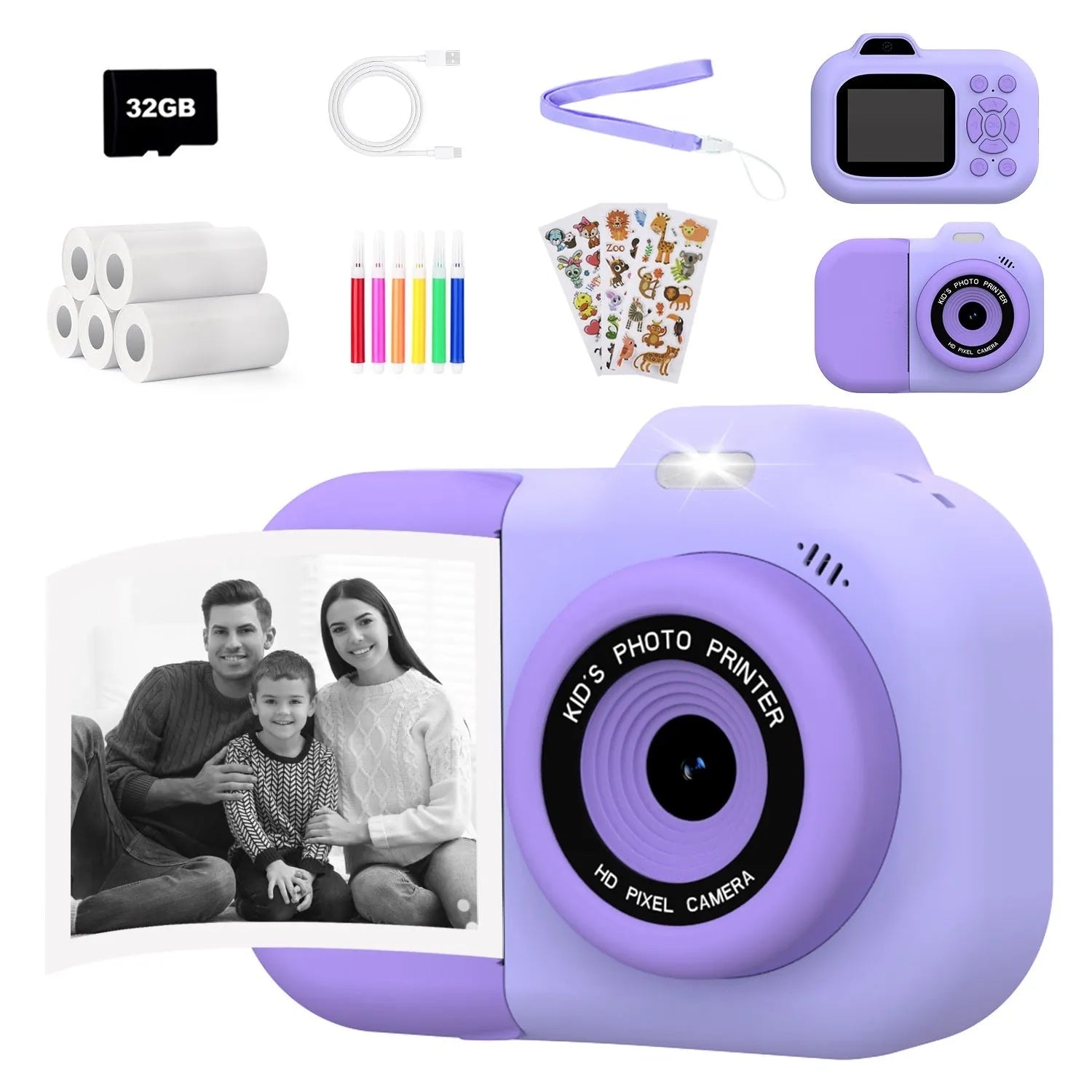 Children's digital camera in pink, blue or purple with video recording and game functions