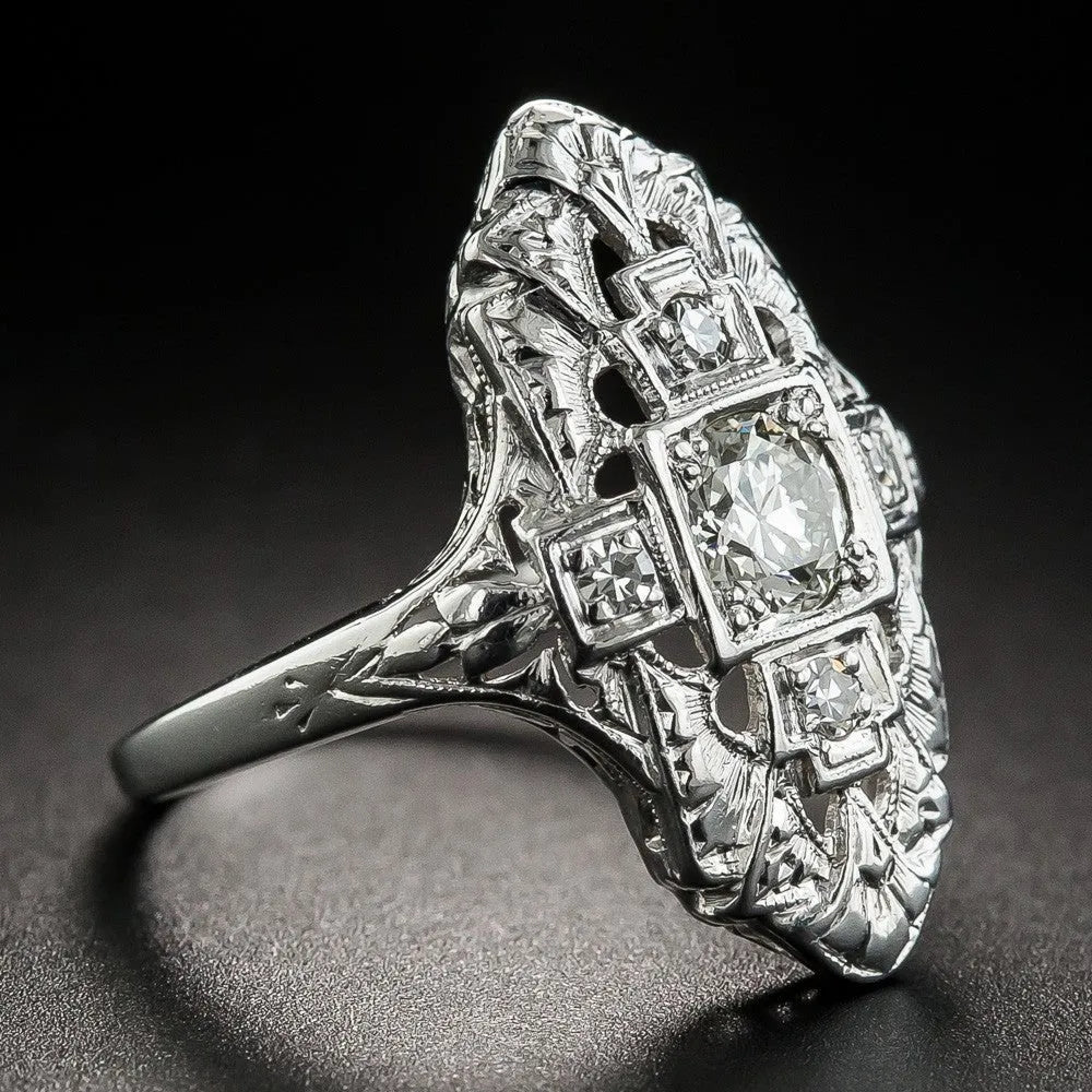 Silver geometric hollow-out ring with diamond studs on copper electroplated band