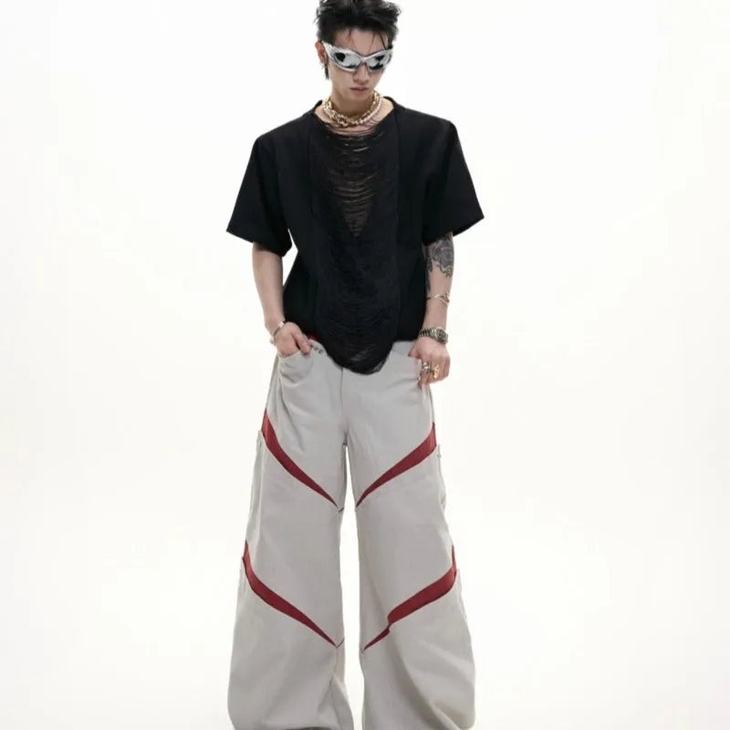 Men's black polyester T-shirt with hollow out V-neck and tassel details in loose fit style